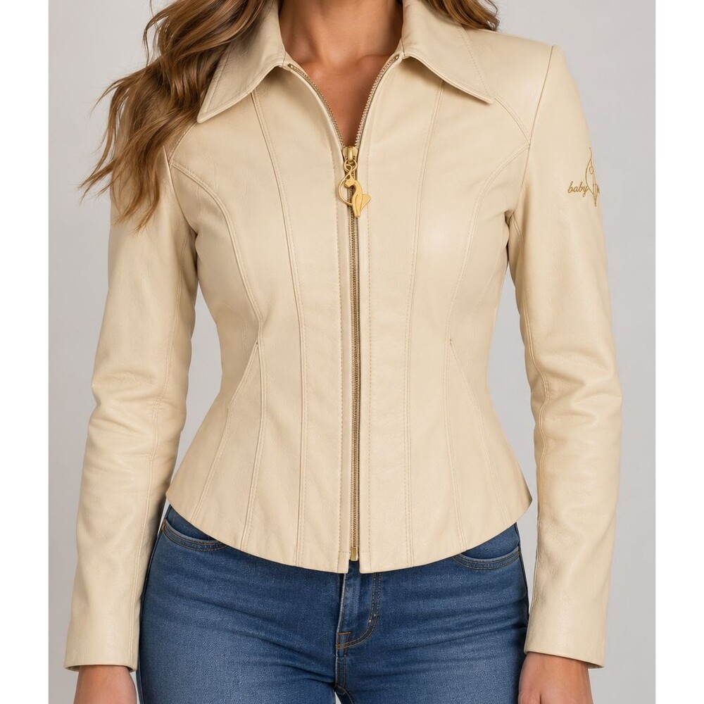 Vintage Y2K Baby Phat Genuine Leather Jacket S Ivory Cream Gold Cat Logo 2000s
